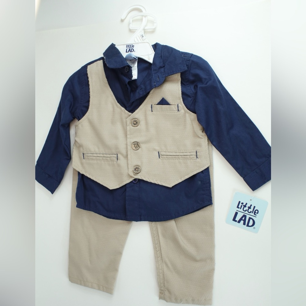 Little Lad Blue and Tan 3 Piece Outfit Set Baby Size 12mo - NEW